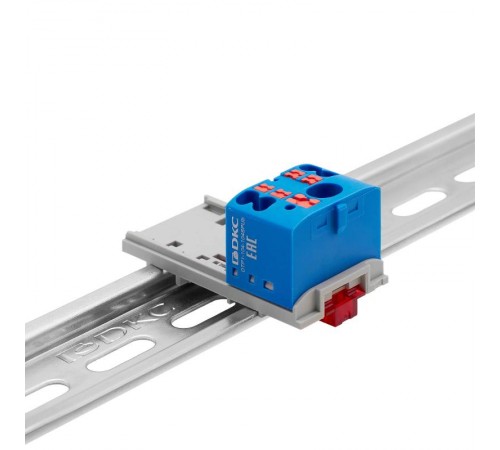 Блок распределительный с верт. адапт. на рейки шириной 15/35мм, зажим push-in, 1 ввод 6 кв.мм, 4 точки подкл. 2,5 кв.мм, синий  DTP1-104-104SPUB-V  