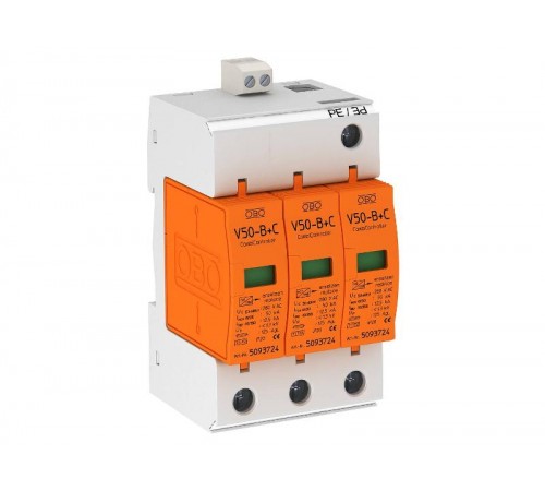 Устройства защиты от импульсных перенапряжений УЗИП для силовых сетей 3 пол. (Класс I+II), 280 В (V50-B+C 3+FS280)  5093643  OBO Bettermann