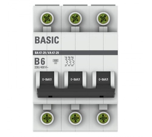 Выключатель автоматический трехполюсный 3P 6А (B) 4,5кА ВА 47-29 Basicmcb4729-3-06-BEKF