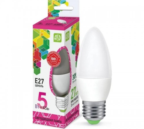 Лампа светодиодная LED-СВЕЧА-standard 5Вт 230В Е27 6500К 450Лм  4690612034096  ASD