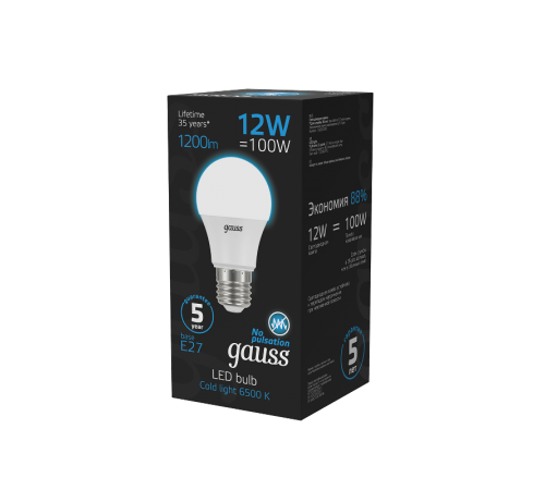 Лампа светодиодная A60 12W 1200lm 6500K E27 LED 1/10/50  102502312  Gauss