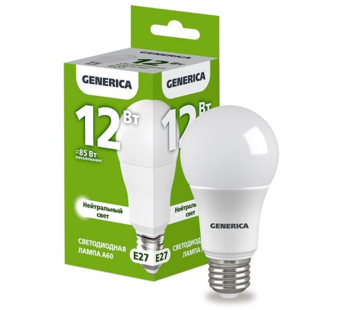 Лампа светодиодная A60 груша 12Вт 230В 4000К E27   LL-A60-12-230-40-E27-G  GENERICA