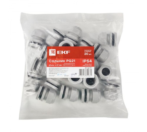 Сальник PG21 IP54 (20 шт) d отв. 27 мм / d провод. 13-18 мм PROxima  plc-pg-21-r  EKF