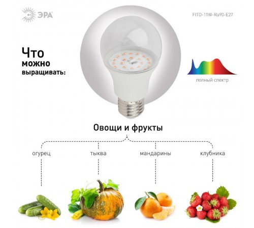 Лампа светодиодная фито для растений 11Вт E27 белый спектр FITO-11W-Ra90-E27  Б0039172  ЭРА