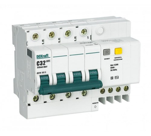 Выключатель автоматический дифференциального тока со встроенной защитой от сверхтоков ДИФ-101 4P 32A 300мА селективный S  15316DEK  DEKraft