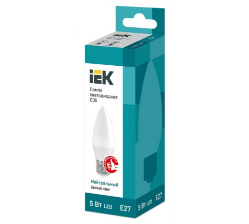 Лампа светодиодная LED 5Вт Е27 220В 4000К C35 свеча  LLE-C35-5-230-40-E27  IEK