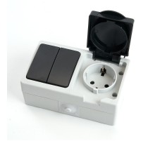 PST16-11-54/10-121-54 Блок розетка 1-мест с/з, 250В, 16А+выкл 2-клав 1-полюс дл 2-х цепей, 250В, 10А  32761  STEKKER