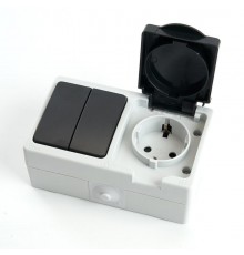 PST16-11-54/10-121-54 Блок розетка 1-мест с/з, 250В, 16А+выкл 2-клав 1-полюс дл 2-х цепей, 250В, 10А  32761  STEKKER