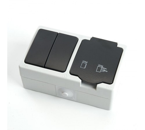 PST16-11-54/10-121-54 Блок розетка 1-мест с/з, 250В, 16А+выкл 2-клав 1-полюс дл 2-х цепей, 250В, 10А  32761  STEKKER