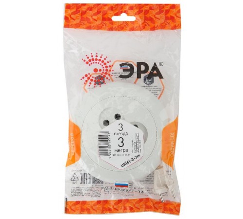 Удлинитель Россия UR(6)-3-3m рулетка без заземл., 3гн, 3м, ШВВП, 2x0.75мм2, 6А (УХ6-103)  Б0035760  ЭРА