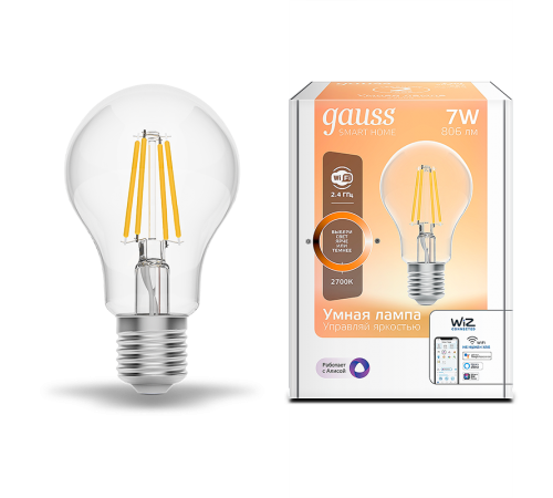 Лампа светодиодная филаментная Smart Home DIM E27 A60 7 Вт 1/10/40  1200112  Gauss