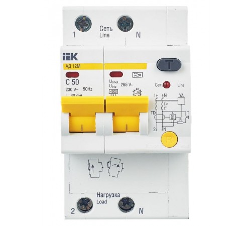 Выключатель автоматический дифференциального тока АД12М 2п 50А C 30мА тип A (3 мод)  MAD12-2-050-C-030  IEK