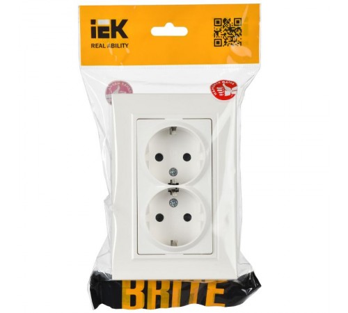 BRITE Розетка 2-ая с заземлением со шторками 16А в сборе РСш12-3-БрБ белый  BR-R24-16-K01-F  IEK