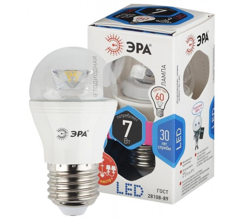Лампа светодиодная LED  7Вт Е27 4000К СТАНДАРТ smd P45-7w-840-E27-Clear  Б0020553  ЭРА