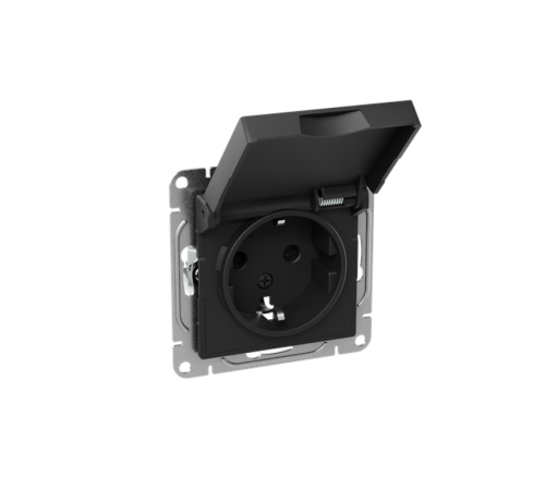 Механизм розетки, 16А, IP44, с заземлением, со шторками, c крышкой, чёрный Эпика EKF  UP1-SOB-111-44  EKF