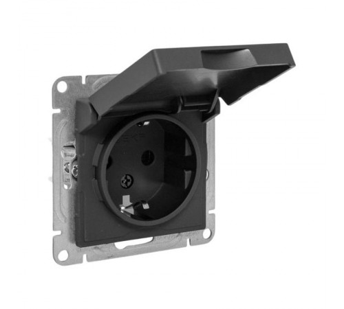 Механизм розетки, 16А, IP44, с заземлением, со шторками, c крышкой, чёрный Эпика EKF  UP1-SOB-111-44  EKF
