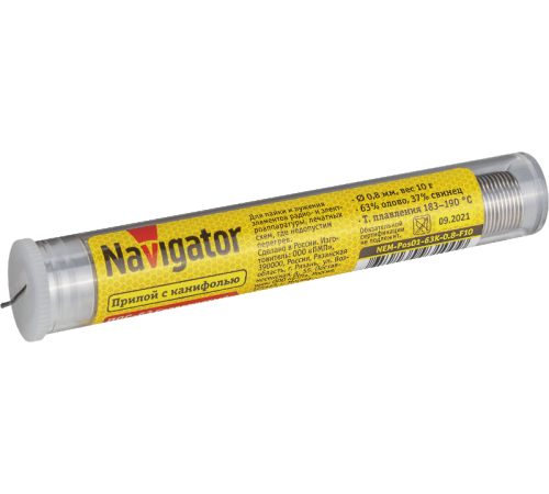 Припой   93 100 NEM-Pos01-63K-0.8-F10 (ПОС-63, колба, 0.8 мм, 10 гр)  93100  Navigator