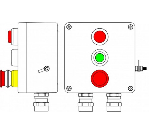 Ex пост управления из GRP Аварийная кнопка красная, 1NC/1NO -1 шт.; Кнопка зеленая, 1NC/1NO-1 шт.; Лампа красная 20V-250V -1 шт.; С: ввод D5,5-13мм по