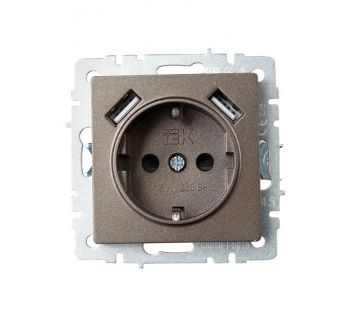BRITE Розетка с заземлением со шторками 16А с USB A+A 2,1А РЮш10-1-БрТБ темная бронза  BR-R14-16-U21-D21-K45  IEK