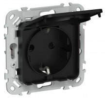 FLITE Розетка с заземлением со шторками с крышкой. 16А IP44 РСшкр11-0-44-ФлЧ черный  FI-R16-16-44-K02  IEK