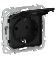 FLITE Розетка с заземлением со шторками с крышкой. 16А IP44 РСшкр11-0-44-ФлЧ черный  FI-R16-16-44-K02  IEK