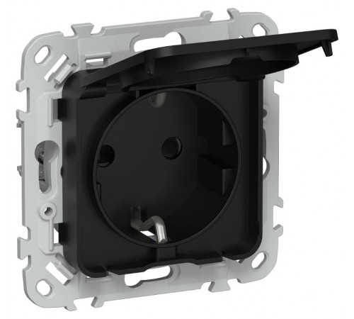 FLITE Розетка с заземлением со шторками с крышкой. 16А IP44 РСшкр11-0-44-ФлЧ черный  FI-R16-16-44-K02  IEK