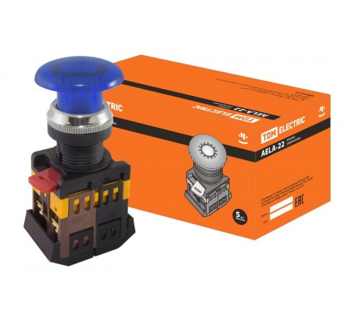 Кнопка AELA-22 "Грибок" синий d22мм неон/230В 1з+1р   SQ0704-0035  TDM