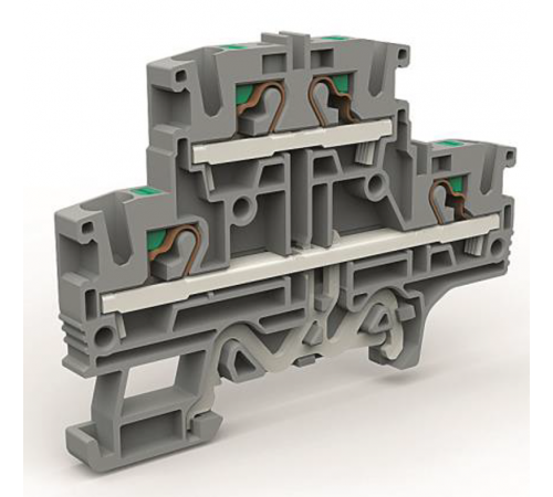 Двухуровневая клемма 4 кв.мм с заземлением в нижнем ярусе  ZEFD420GR  DKC