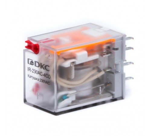 Реле миниатюрное промышленное общего назначения, 4CO, ком. ток 6А, AgSnO2, напряжение 12V AC, опция: тест-кнопка+светодиод  IR-12AC-4CO-D  DKC