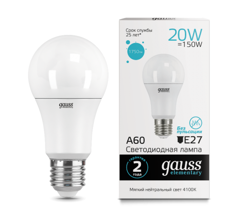 Лампа светодиодная LED 20Вт E27 220В 4100К Elementary A60  23229  Gauss