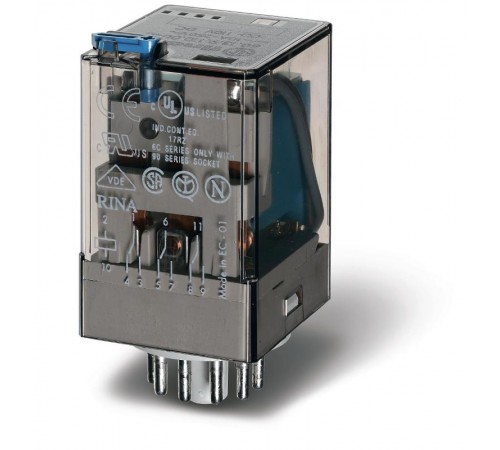 Универсальное электромеханическое реле; монтаж в розетку 11-штырьковый разъем; 3CO 6A; раздвоенные контакты AgNi+Au  601390605240  Finder