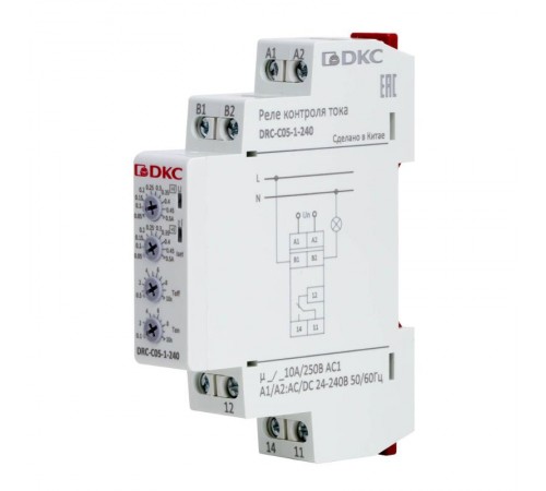 Реле контроля тока, тип DRC, 0.05-0.5А, конфигурация контакта 1CO, 24-240 AC/DC  DRC-C05-1-240  DKC