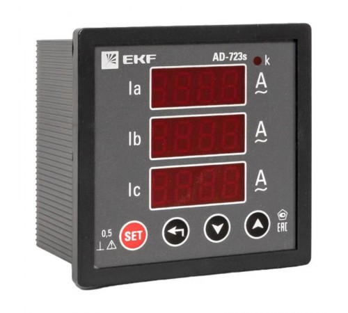 Амперметр AD-723s цифровой на панель 72x72 (квадратный вырез) трехфазный в коротком корпусе PROxima  AD-723s  EKF