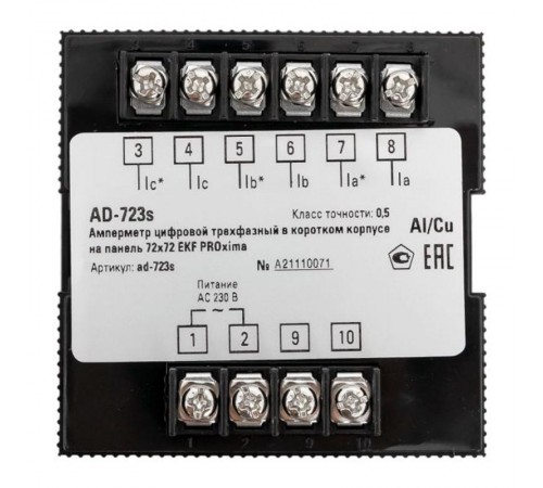 Амперметр AD-723s цифровой на панель 72x72 (квадратный вырез) трехфазный в коротком корпусе PROxima  AD-723s  EKF