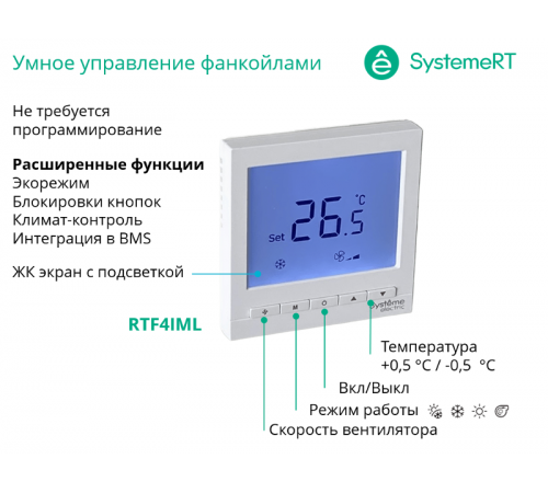 Термостат комнатный цифровой, для 4тр 3ск FCU и 2-поз.клап, 1UI 5DO Modbus ~220В бел BS  RTF4IML  SE