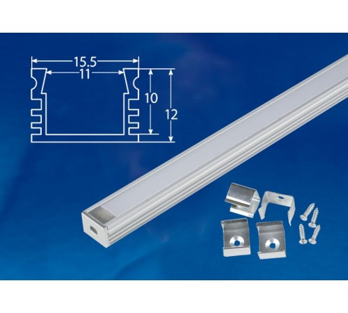 Профиль алюминиевый накладной с матовым рассеивателем 200 см. UFE-K10 SILVER/FROZEN 200 POLYBAG 2 заглушки+4 крепежа в/к.  UL-00005029  Uniel