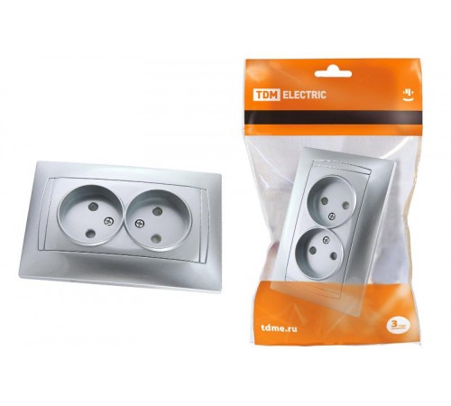 Розетка двойная 2П 10А 250В с защ. шт. серебр. металлик "Лама"   SQ1815-0212  TDM