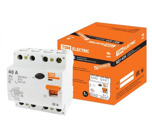 Выключатель дифференциальный (УЗО) ВД1-63S 4п 40А 300мА тип AC  SQ0203-0069  TDM