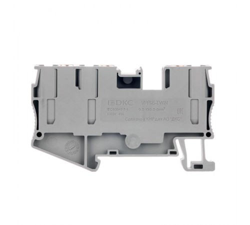 Клемма проходная, зажим push-in, 3 точки подключения, 6 кв.мм, серая  VPR-6-TWIN-GY  DKC