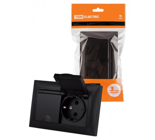 Розетка двойная 2П+З 16А 250В IP44 с защ. шт. с крышкой графит "Лама"  SQ1815-0670  TDM