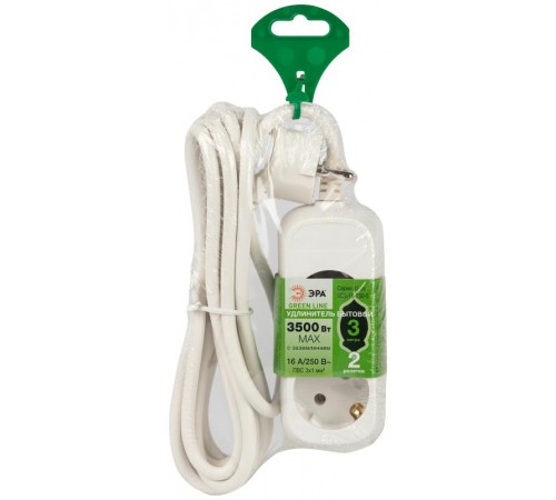 Удлинитель электрический ЭРА UDL-16-230-E Greenline 2 розетки с заземлением 3м ПВС 3x1мм2   Б0065065  ЭРА