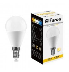 Лампа светодиодная, (13W) 230V E14 2700K G45, LB-950  38101  FERON