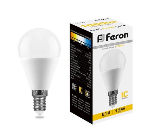 Лампа светодиодная, (13W) 230V E14 2700K G45, LB-950  38101  FERON