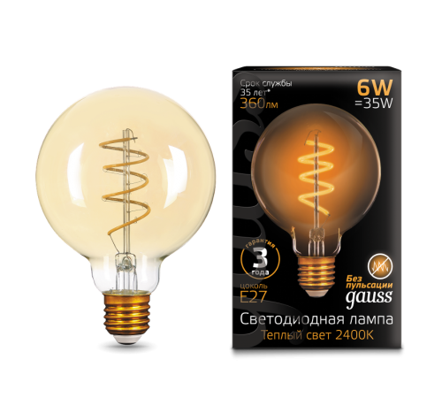 Лампа светодиодная Black LED Filament G95 Flexible E27 6W Golden 360lm 2400К  105802007  Gauss