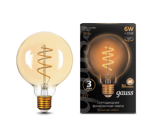 Лампа светодиодная Black LED Filament G95 Flexible E27 6W Golden 360lm 2400К  105802007  Gauss
