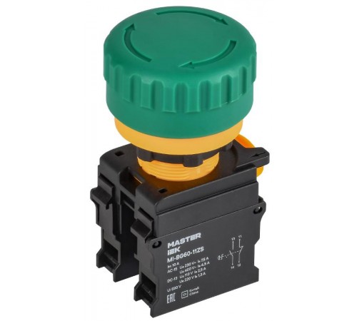 Кнопка "Грибок" поворот. с фикс. 1NO+1NC зелёная MASTER  MI-BG60-11ZS-3-23-K06  IEK
