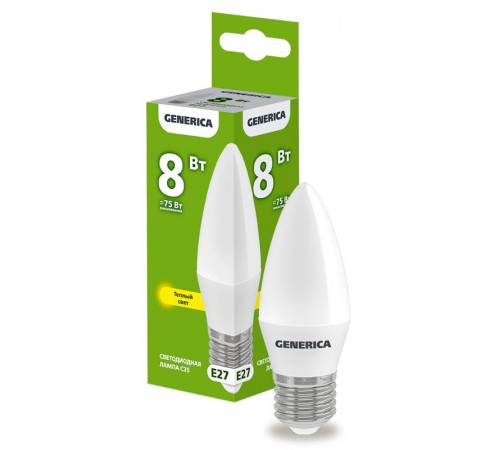 Лампа светодиодная C35 свеча 8Вт 230В 3000К E27   LL-C35-08-230-30-E27-G  GENERICA
