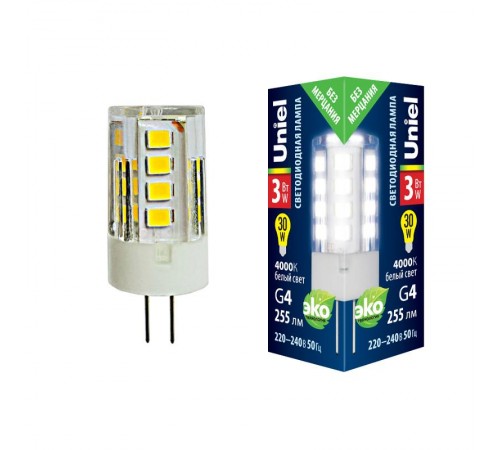 Лампа светодиодная LED-JC-220/3W/4000K/G4/CL GLZ09TR LED, прозр 4000К  UL-00006743  Uniel