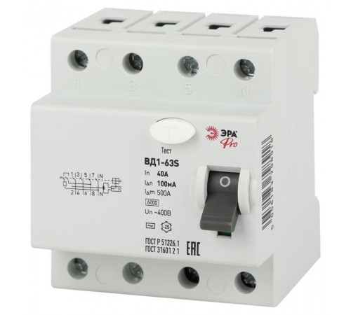 Выключатель дифференциальный (УЗО) ВД1-63S Селективное 3P+N 40А 100mA NO-902-155 ЭРА Pro  Б0036860  ЭРА