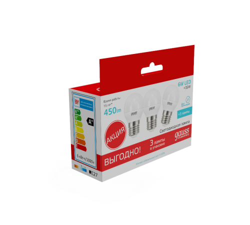 Лампа светодиодная Elementary Шар 6W 4100K E27 (3 лампы в упаковке) LED 1/40  53226T  Gauss